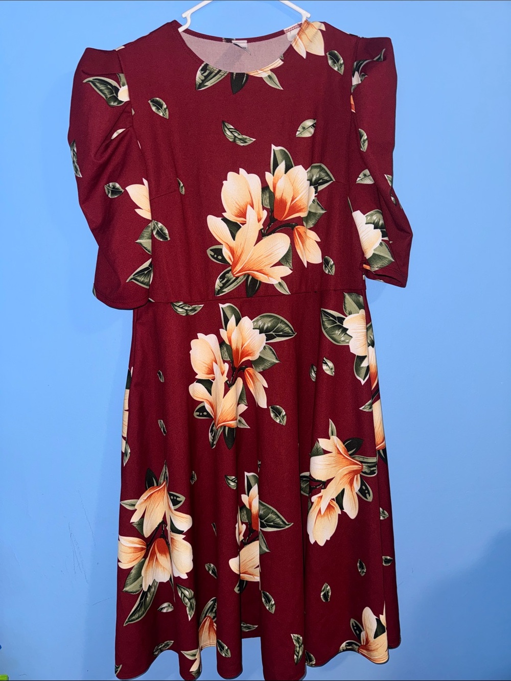 Burgundy Floral Midi Dress with Peach Blooms